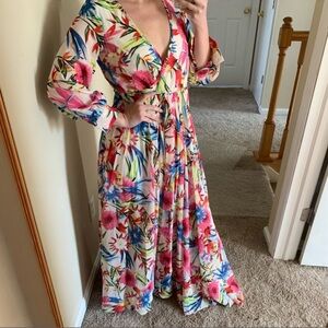 Tropical/Floral Print Long Sleeve Flowy Maxi Dress Size S